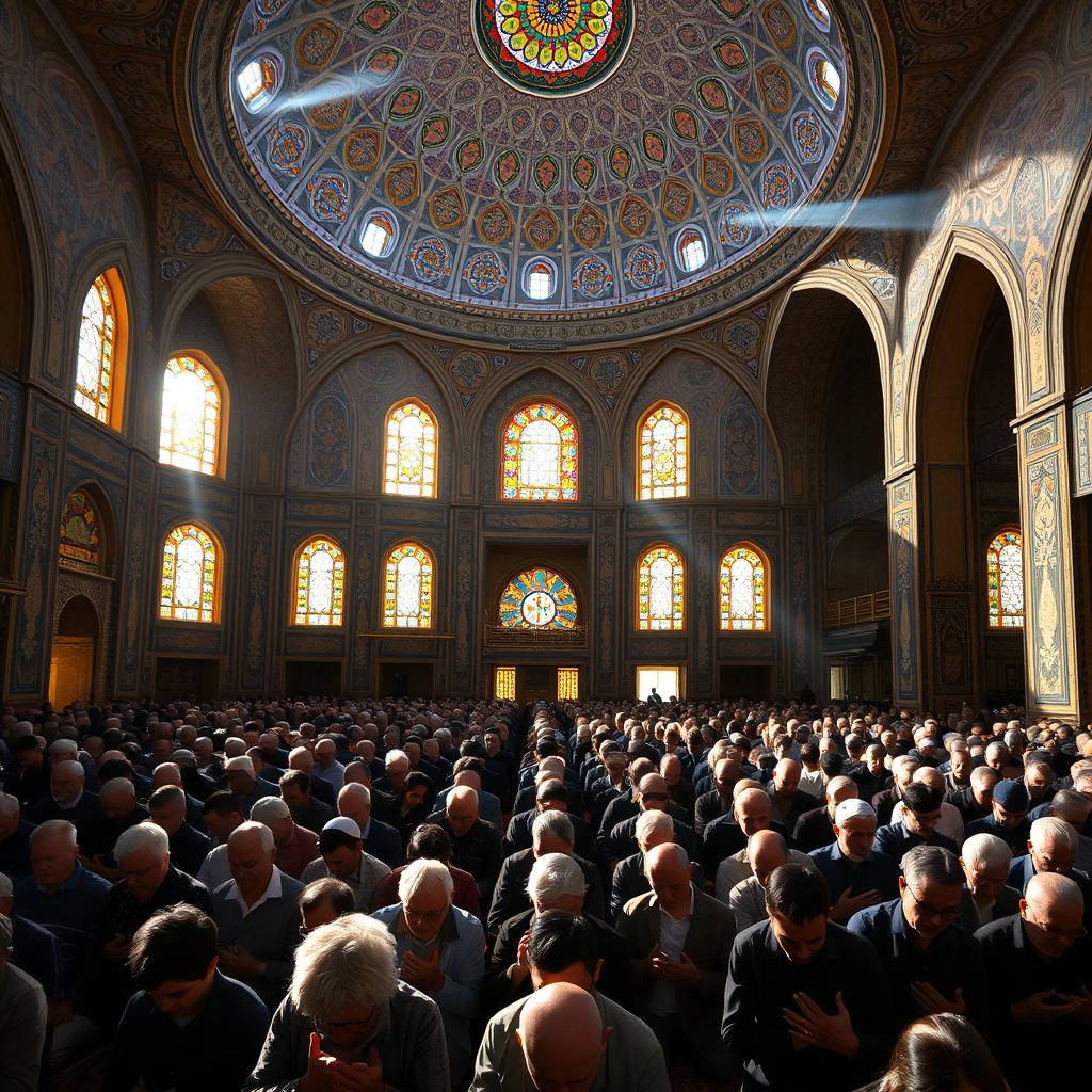 A beautiful scene of a large gathering of people performing group prayer in an exquisite Iranian mosque