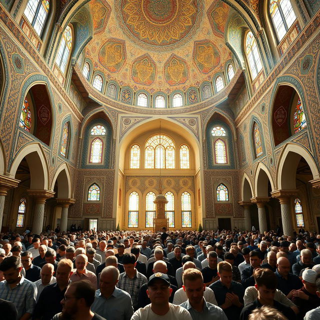 A beautiful scene of a large gathering of people performing group prayer in an exquisite Iranian mosque