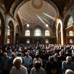 A beautiful scene of a large gathering of people performing group prayer in an exquisite Iranian mosque