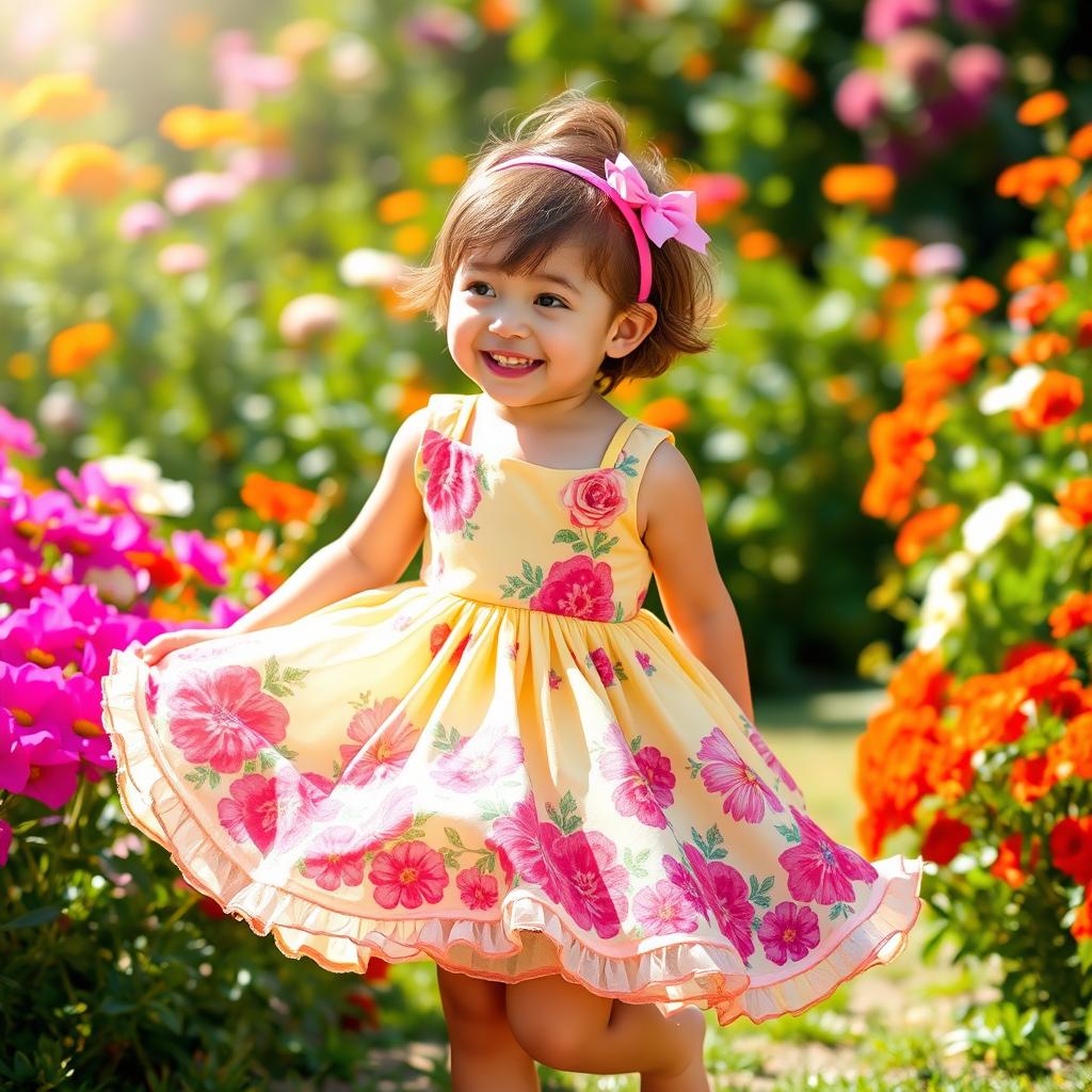 A young boy wearing a beautiful, colorful dress that has floral patterns and frills at the hem