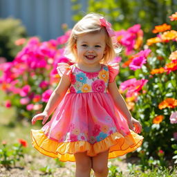 A young boy wearing a beautiful, colorful dress that has floral patterns and frills at the hem
