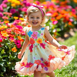 A young boy wearing a beautiful, colorful dress that has floral patterns and frills at the hem