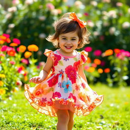 A young boy wearing a beautiful, colorful dress that has floral patterns and frills at the hem