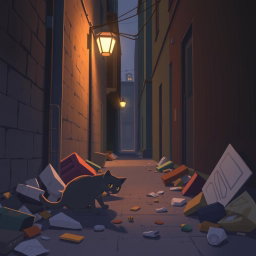 A narrow urban alley at dusk, depicted in a soft animation style