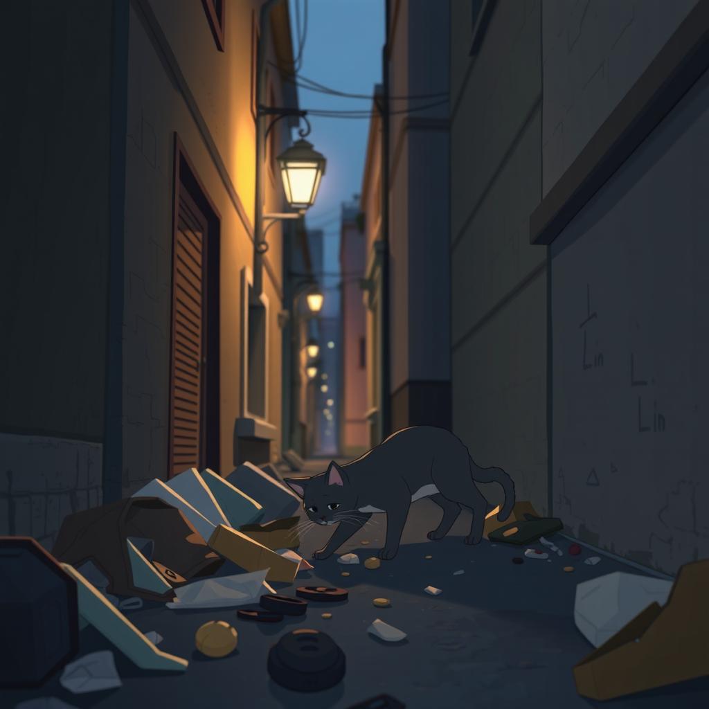 A narrow urban alley at dusk, depicted in a soft animation style