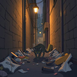 A narrow urban alley at dusk, depicted in a soft animation style