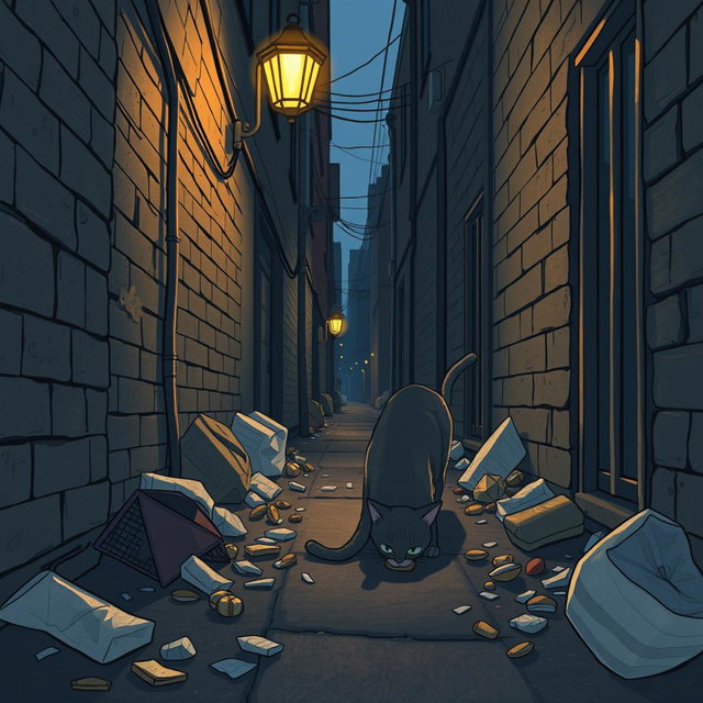 A narrow urban alley at dusk, depicted in a soft animation style