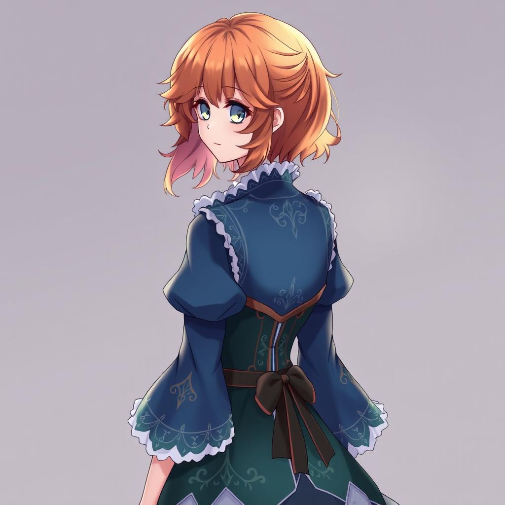A 20-year-old young woman character designed in the style of Genshin Impact, featuring beautiful shoulder-length wavy orange hair and striking gray eyes