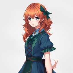 A 20-year-old young woman character designed in the style of Genshin Impact, featuring beautiful shoulder-length wavy orange hair and striking gray eyes