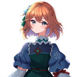 A 20-year-old young woman character designed in the style of Genshin Impact, featuring beautiful shoulder-length wavy orange hair and striking gray eyes