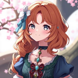 A 20-year-old young woman character designed in the style of Genshin Impact, featuring beautiful shoulder-length wavy orange hair and striking gray eyes