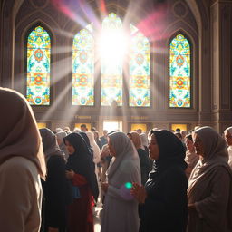 A beautiful scene of a women's congregation prayer in an elegant Iranian mosque with stunning stained glass windows