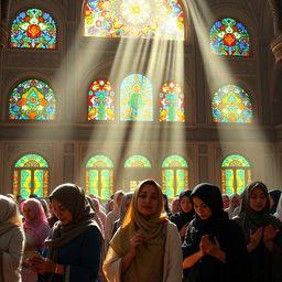 A beautiful scene of a women's congregation prayer in an elegant Iranian mosque with stunning stained glass windows