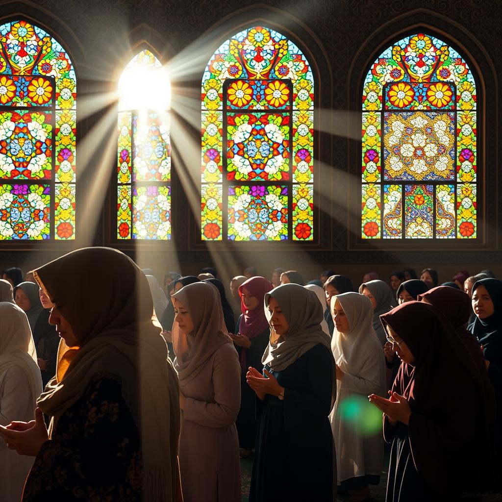 A beautiful scene of a women's congregation prayer in an elegant Iranian mosque with stunning stained glass windows