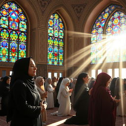 A beautiful scene of a women's congregation prayer in an elegant Iranian mosque with stunning stained glass windows