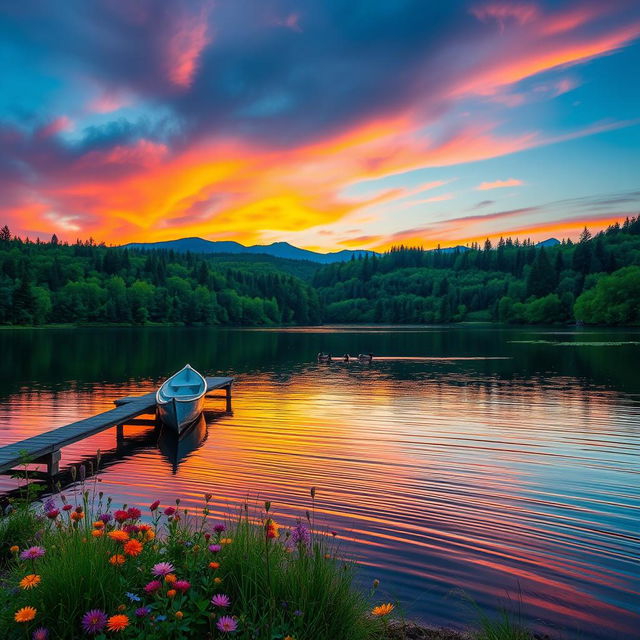 A serene landscape showcasing a tranquil lake surrounded by lush green forests, with a vibrant sunset casting warm orange and pink hues in the sky