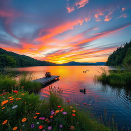 A serene landscape showcasing a tranquil lake surrounded by lush green forests, with a vibrant sunset casting warm orange and pink hues in the sky