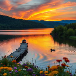 A serene landscape showcasing a tranquil lake surrounded by lush green forests, with a vibrant sunset casting warm orange and pink hues in the sky