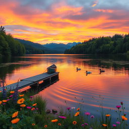 A serene landscape showcasing a tranquil lake surrounded by lush green forests, with a vibrant sunset casting warm orange and pink hues in the sky