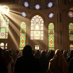 A serene scene of a group of Shia Muslim women in prayer at a beautiful Iranian mosque with colorful stained glass windows
