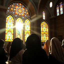 A serene scene of a group of Shia Muslim women in prayer at a beautiful Iranian mosque with colorful stained glass windows