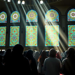 A serene scene of a group of Shia Muslim women in prayer at a beautiful Iranian mosque with colorful stained glass windows