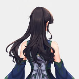 A beautiful female original character from Genshin Impact, featuring long wavy black ponytail hair that reaches her shoulders and striking gray eyes
