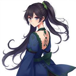 A beautiful female original character from Genshin Impact, featuring long wavy black ponytail hair that reaches her shoulders and striking gray eyes
