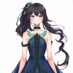 A beautiful female original character from Genshin Impact, featuring long wavy black ponytail hair that reaches her shoulders and striking gray eyes
