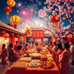 A vibrant and festive Chinese New Year scene filled with decorations such as red lanterns, traditional banners, and colorful dragon dance performances