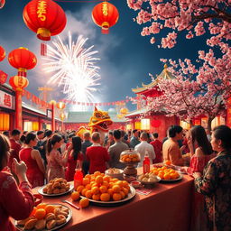 A vibrant and festive Chinese New Year scene filled with decorations such as red lanterns, traditional banners, and colorful dragon dance performances