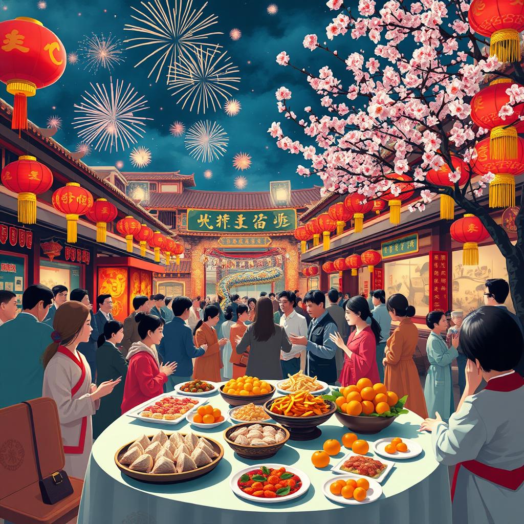A vibrant and festive Chinese New Year scene filled with decorations such as red lanterns, traditional banners, and colorful dragon dance performances