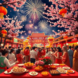 A vibrant and festive Chinese New Year scene filled with decorations such as red lanterns, traditional banners, and colorful dragon dance performances