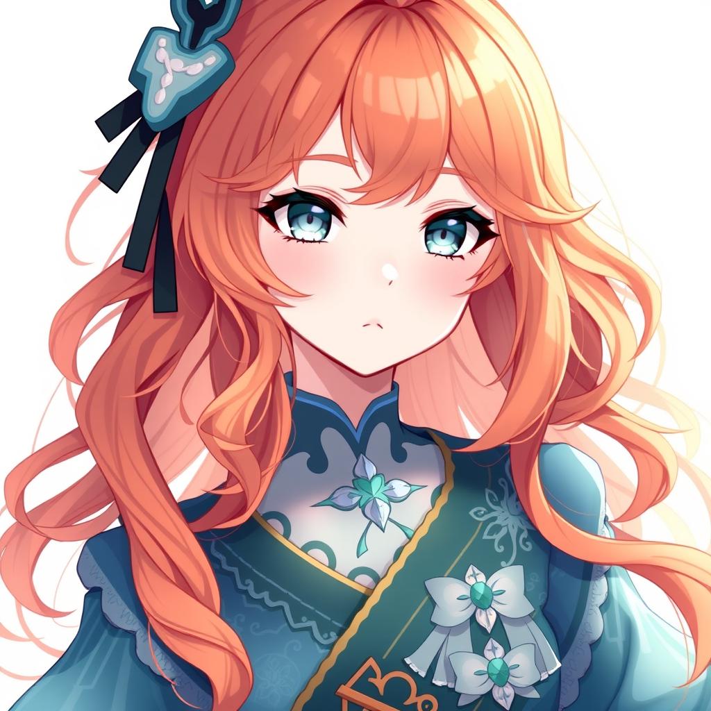 A Genshin Impact female original character with wavy orange hair that falls to her shoulders and beautiful gray eyes