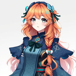 A Genshin Impact female original character with wavy orange hair that falls to her shoulders and beautiful gray eyes