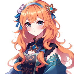 A Genshin Impact female original character with wavy orange hair that falls to her shoulders and beautiful gray eyes
