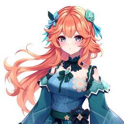 A Genshin Impact female original character with wavy orange hair that falls to her shoulders and beautiful gray eyes