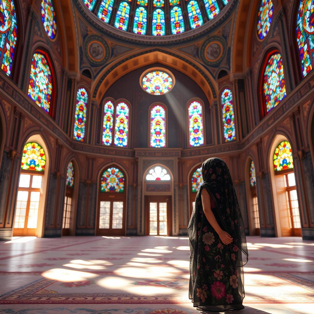 A beautiful interior scene of an Iranian mosque adorned with colorful stained glass windows, sunlight streaming through and casting vibrant patterns on the floor