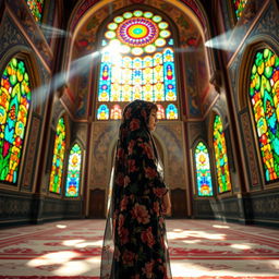 A beautiful interior scene of an Iranian mosque adorned with colorful stained glass windows, sunlight streaming through and casting vibrant patterns on the floor