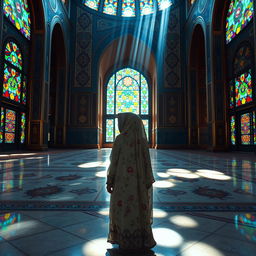 A beautiful interior scene of an Iranian mosque adorned with colorful stained glass windows, sunlight streaming through and casting vibrant patterns on the floor