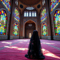 A beautiful interior scene of an Iranian mosque adorned with colorful stained glass windows, sunlight streaming through and casting vibrant patterns on the floor