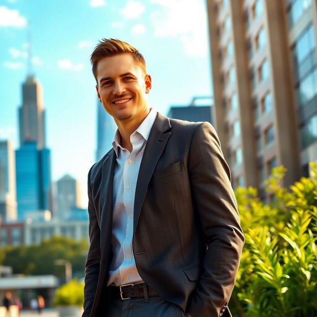 A tall man standing confidently in an urban setting, wearing a tailored suit and stylish shoes