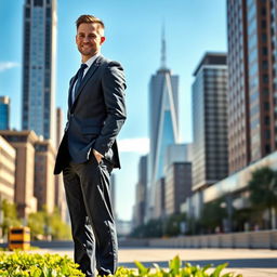 A tall man standing confidently in an urban setting, wearing a tailored suit and stylish shoes