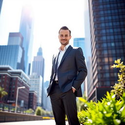 A tall man standing confidently in an urban setting, wearing a tailored suit and stylish shoes