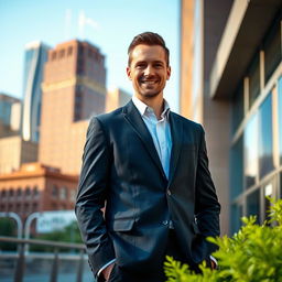 A tall man standing confidently in an urban setting, wearing a tailored suit and stylish shoes