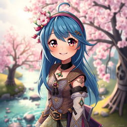 A vibrant and detailed digital art piece featuring a blue-haired anime girl, with large expressive eyes and a playful smile