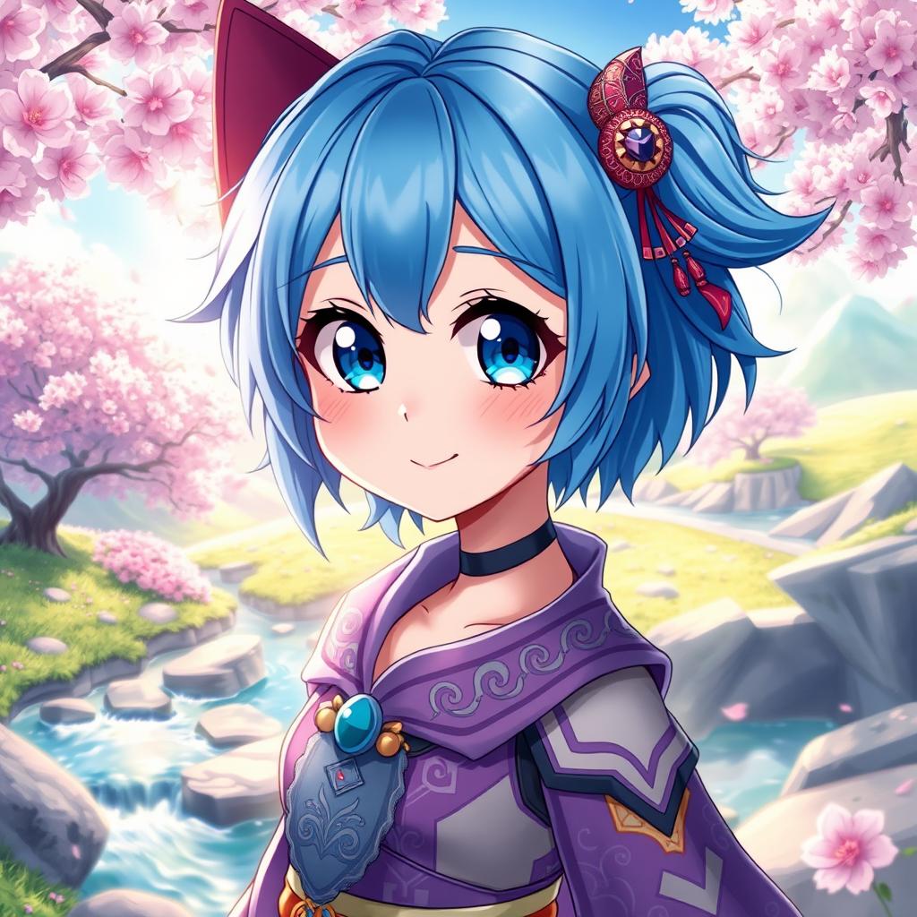 A vibrant and detailed digital art piece featuring a blue-haired anime girl, with large expressive eyes and a playful smile