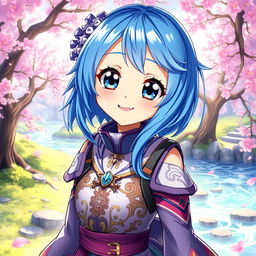 A vibrant and detailed digital art piece featuring a blue-haired anime girl, with large expressive eyes and a playful smile