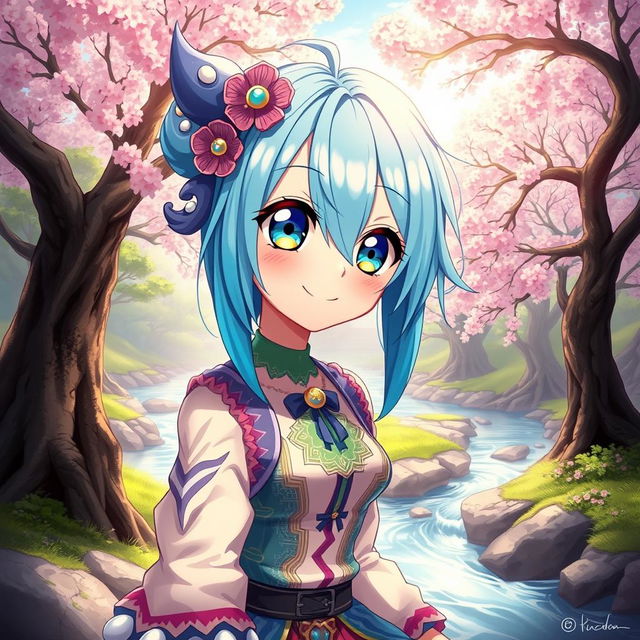 A vibrant and detailed digital art piece featuring a blue-haired anime girl, with large expressive eyes and a playful smile