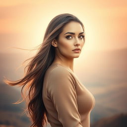 A stunning side view portrait of a confident and beautiful woman with long flowing hair, elegantly styled, wearing a fashionable outfit